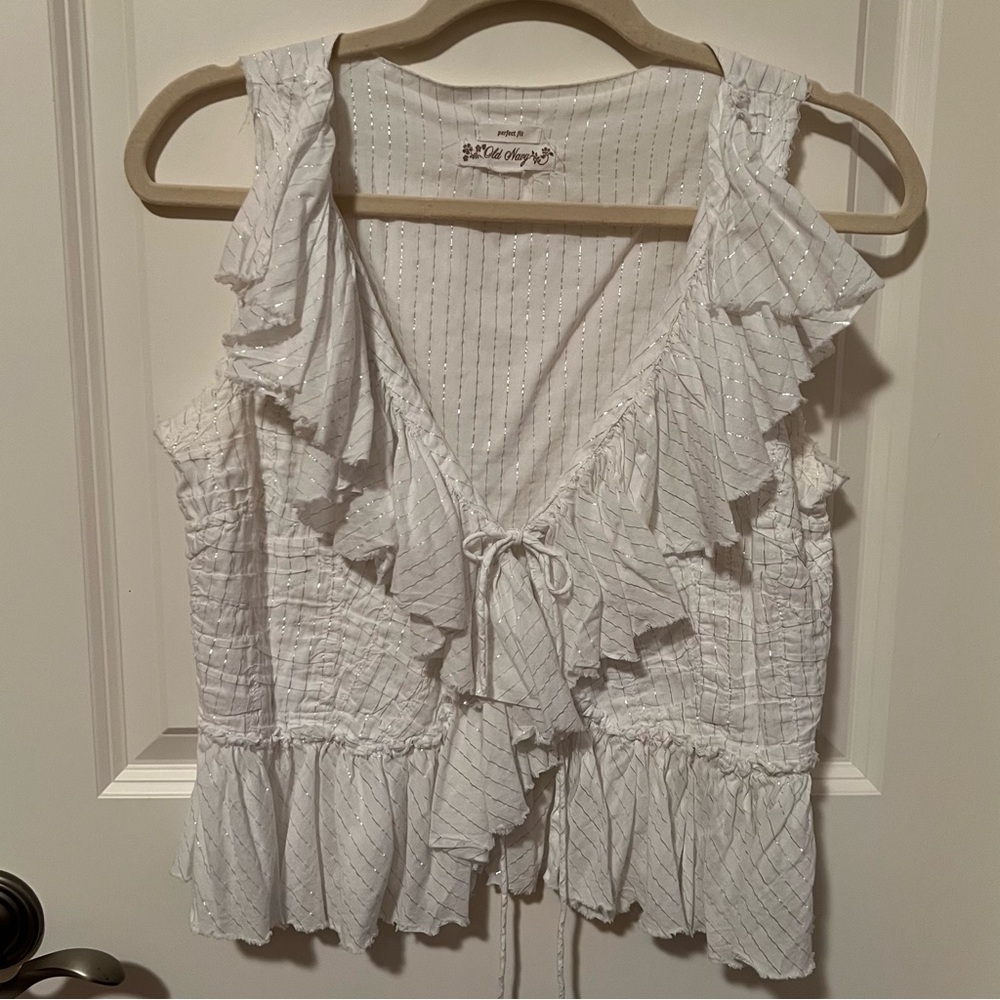 Old Navy Ruffle White Cotton & Silver Vest Top with Tie front